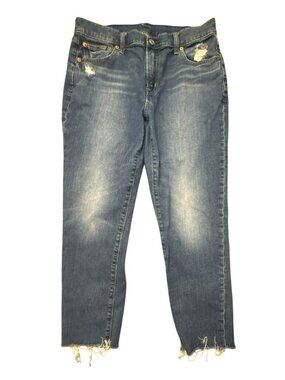 Gap Girlfriend Mid Rise Distressed Jeans 10 30R Raw Hem Medium Wash Stretch